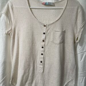 Free People Cream Short Sleeve Button-Up Tee